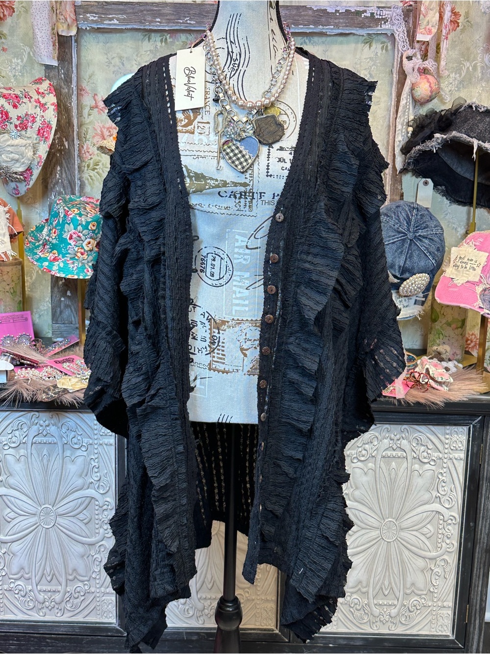 Blue Velvet Ruffle Poncho Top-Black